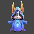 Cute Fantasy Creature Character In Hooded Blue Cloak With Yellow Horns And Purple Patterns