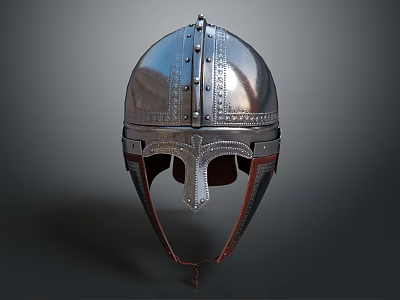 Shiny Metal Helmet With Decorative Rivets And Classic Face Guard Structure 3d model