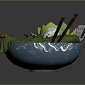 Cartoon Scene Bowl With Green Noodles Succulent And Chopsticks