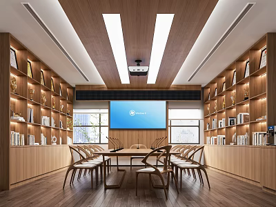 Modern Conference Room Interior With Wooden Bookshelves Books Trophies Long Table Chairs And Large Screen 3d model