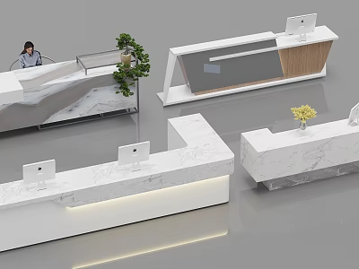 Modern Reception Desk Interior Design With Marble Counter Wooden Accents Plants And Computers 3d model