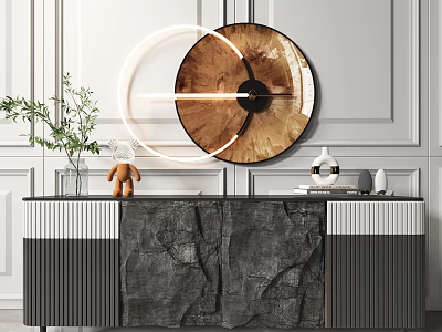 Modern Stylish Entryway Console Table With Stone Texture Circular Mirror And Green Plant 3d model
