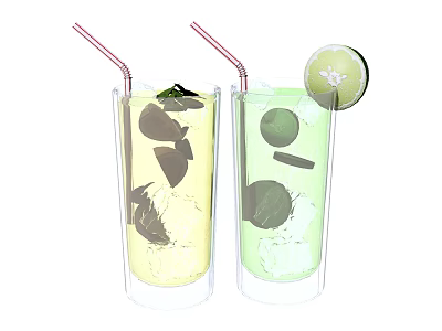 Refreshing Yellow Green Drinks in Tall Glasses with Straws Lemon Slices and Mint Leaves 3d model