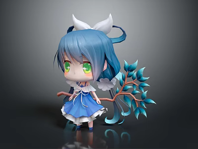 Cute Chibi Game Anime Character With Blue Hair Green Eyes And Blue Leaf Branch 3d model