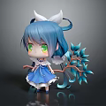 Cute Chibi Game Anime Character With Blue Hair Green Eyes And Blue Leaf Branch