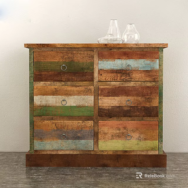 Rustic Wooden Dresser With Multi Colored Drawers And Glass Vases On Top 3d model 