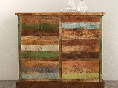 Rustic Wooden Dresser With Multi Colored Drawers And Glass Vases On Top 3d model