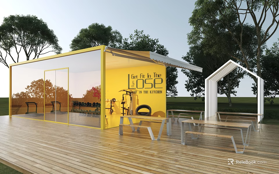 Outdoor Cafe Restaurant Area With Yellow Building Glass Wall Wooden Deck Tables Chairs And Trees 3d model 