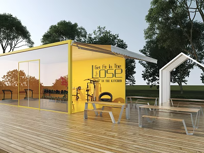 Outdoor Cafe Restaurant Area With Yellow Building Glass Wall Wooden Deck Tables Chairs And Trees 3d model
