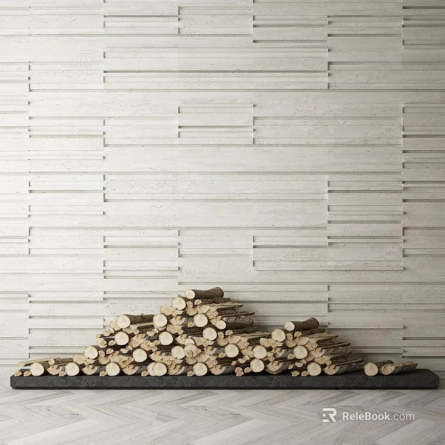 White Striped Stone Wall Background With Stacked Wood Logs In Front 3d model 