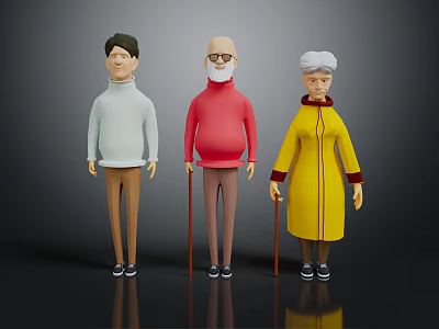 Game Movie Characters Young Man Elderly Couple Canes Standing Light Red Yellow Clothing Cartoon 3D 3d model