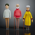 Game Movie Characters Young Man Elderly Couple Canes Standing Light Red Yellow Clothing Cartoon 3D