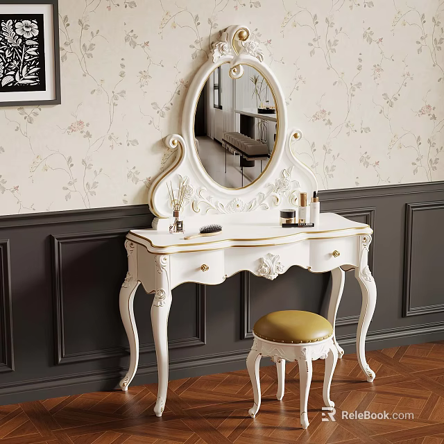 White Carved Dressing Table With Oval Mirror Gold Accents Floral Wallpaper And Dark Paneled Walls 3d model 