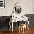 White Carved Dressing Table With Oval Mirror Gold Accents Floral Wallpaper And Dark Paneled Walls