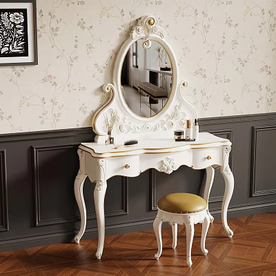 White Carved Dressing Table With Oval Mirror Gold Accents Floral Wallpaper And Dark Paneled Walls 3d model