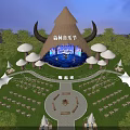 Enchanting Forest Music Festival Stage with Thatched Roof Mushroom Decor and Bonfire Seating Area