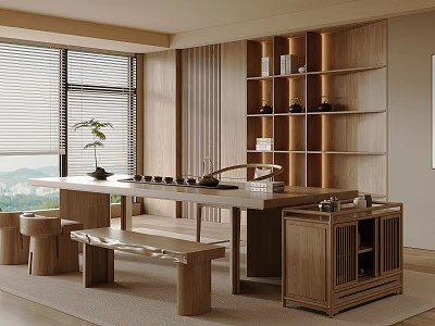 Serene Tea Room With Wooden Furniture Shelf Tea Sets And Mountain View 3d model