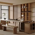 Serene Tea Room With Wooden Furniture Shelf Tea Sets And Mountain View