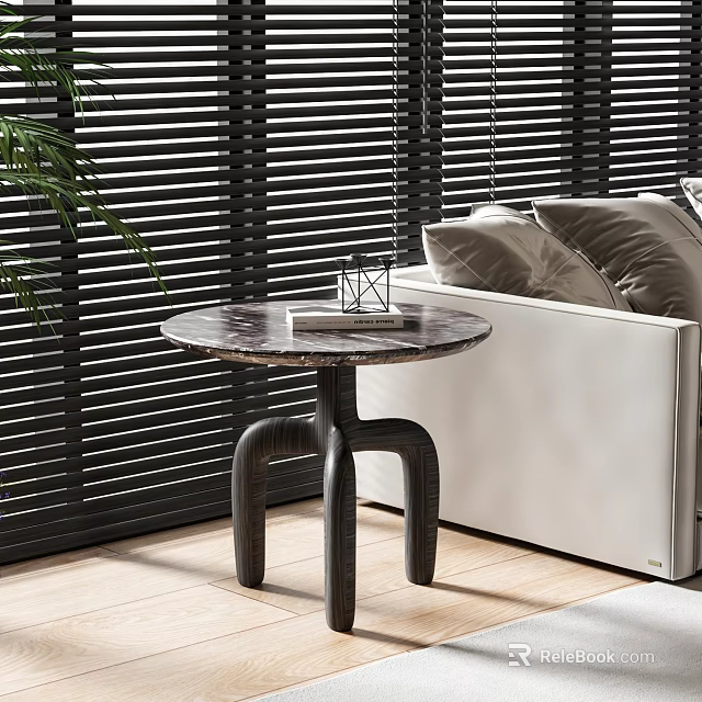 Modern Side Table With Marble Top Unique Black Base White Sofa And Black Blinds 3d model