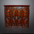 Traditional Red Four Door Carved Cabinet With Intricate Floral Designs And Brass Handles