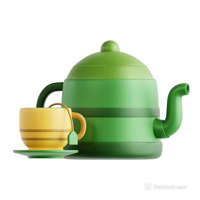 Green Striped Teapot with Yellow Teacup and Saucer Kitchen Utensils Set 3d model 