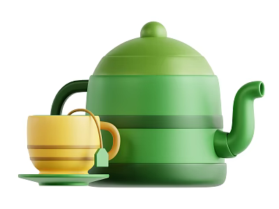 Green Striped Teapot with Yellow Teacup and Saucer Kitchen Utensils Set 3d model