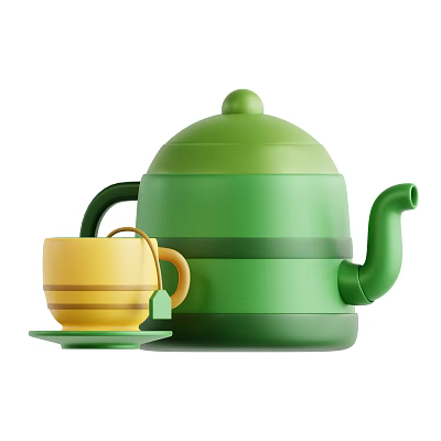 Green Striped Teapot with Yellow Teacup and Saucer Kitchen Utensils Set 3d model