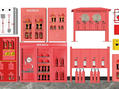 Fire Fighting Equipment With Fire Cabinets Extinguishers Helmets Axes And Hose Reels In Indoor Area 3d model