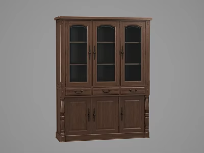 Solid Wooden Brown Bookcase With Glass Doors And Cabinet Storage Design 3d model