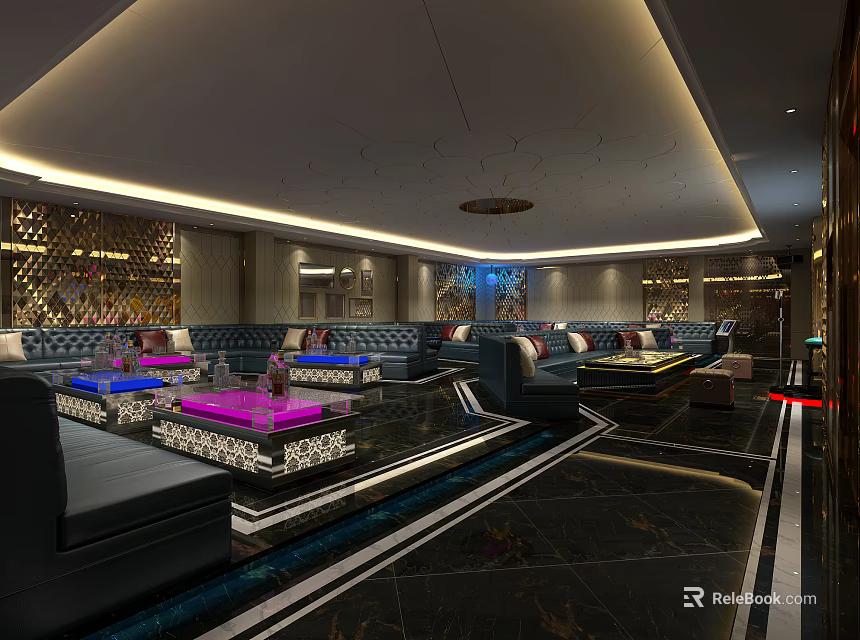 Luxurious KTV Interior Design With Plush Sofas Coffee Tables Lighting And Marble Floors 3d model 