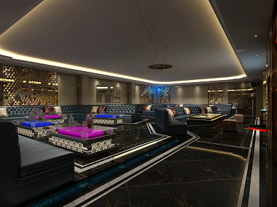 Luxurious KTV Interior Design With Plush Sofas Coffee Tables Lighting And Marble Floors 3d model