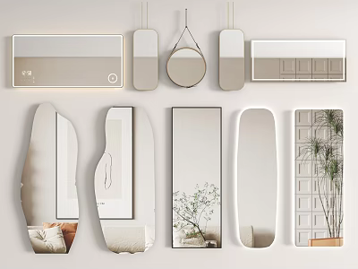 Modern Minimalist Mirrors In Various Shapes For Interior Decor With Plants And Furniture 3d model