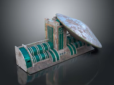 Futuristic Building Model With Curved Roof Green Glass Windows And Circular Metallic Tiers 3d model