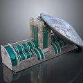 Futuristic Building Model With Curved Roof Green Glass Windows And Circular Metallic Tiers