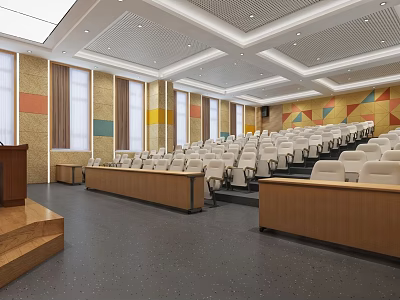 Modern Conference Room With Auditorium Seating Wooden Desks Colorful Curtains And Geometric Walls 3d model