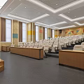 Modern Conference Room With Auditorium Seating Wooden Desks Colorful Curtains And Geometric Walls