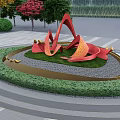 Red Abstract Sculpture Featuring Curved Flowing Shapes in Circular Garden Bed with Trees and Bamboo