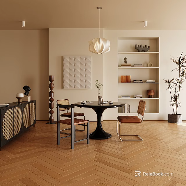 Modern Restaurant Interior With Table Chairs Pendant Light Shelves Artwork Plant And Herringbone Wooden Floor 3d model 