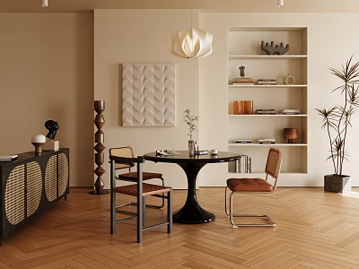 Modern Restaurant Interior With Table Chairs Pendant Light Shelves Artwork Plant And Herringbone Wooden Floor 3d model