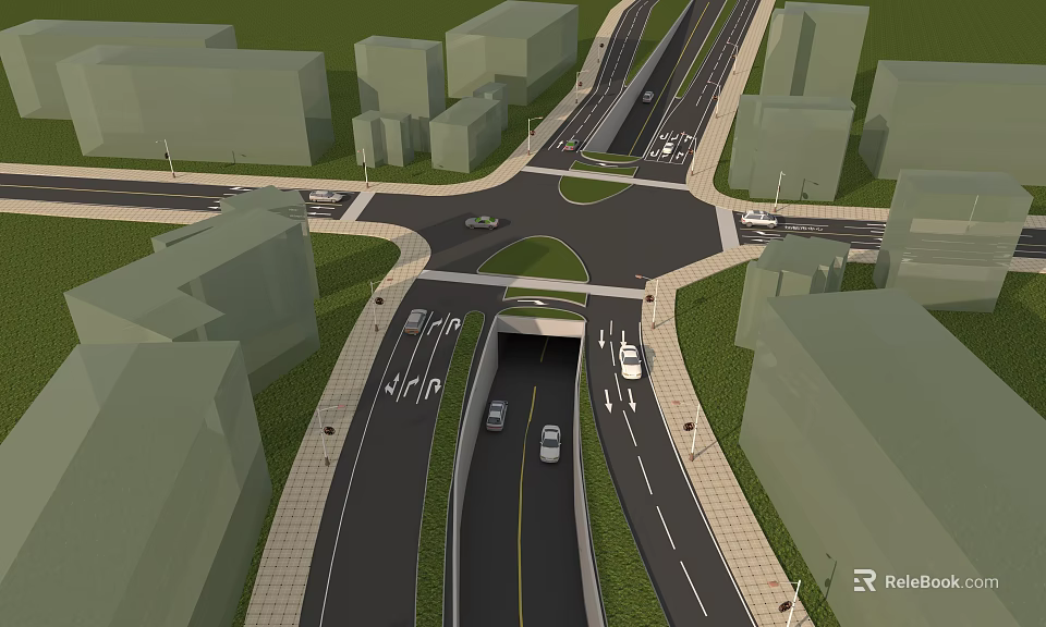 Urban Road Interchange Infrastructure With Tunnel Traffic Lanes And Surrounding Buildings 3d model 