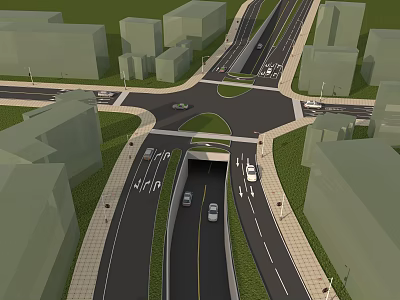 Urban Road Interchange Infrastructure With Tunnel Traffic Lanes And Surrounding Buildings 3d model