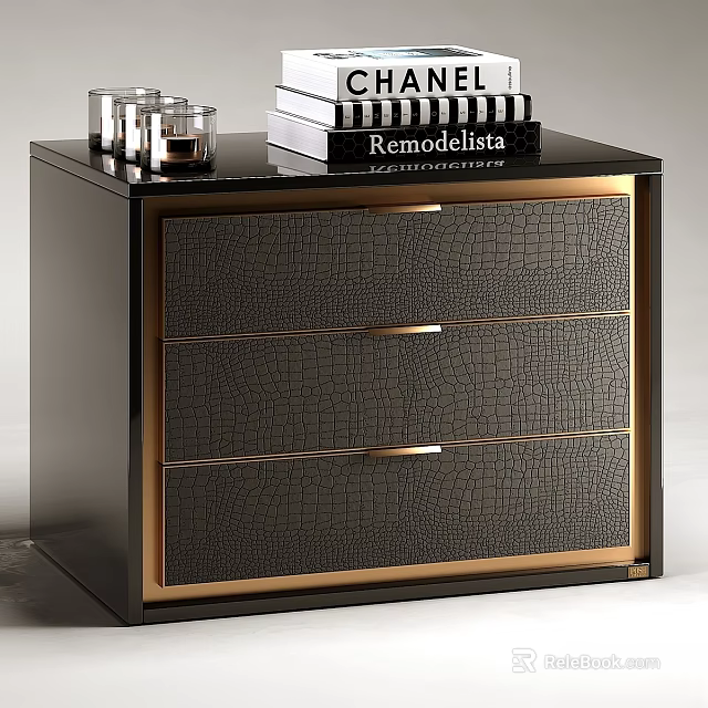 Elegant Black Chest of Drawers with Gold Trim Crocodile Texture and Decorative Books 3d model 