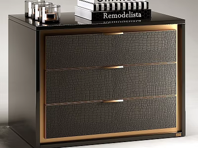 Elegant Black Chest of Drawers with Gold Trim Crocodile Texture and Decorative Books 3d model