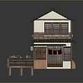 Traditional Two story House Featuring Black Tile Roof Wooden Deck and White Walls