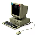 Vintage Desktop Computer With Monitor Keyboard Mouse And Red Blue Sticky Notes