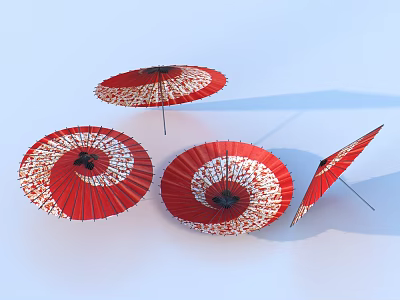 Four red umbrellas with white spiral patterns arranged in different angles 3d model