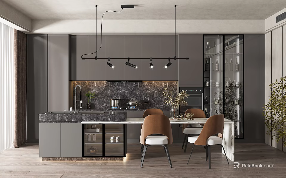 Modern Gray Kitchen Interior With Marble Island Pendant Lights And Glass Door Cabinets 3d model 