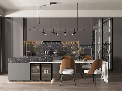 Modern Gray Kitchen Interior With Marble Island Pendant Lights And Glass Door Cabinets 3d model