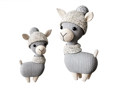 Gray Knitted Llama Stuffed Toys With Hats And Scarves In Different Sizes 3d model