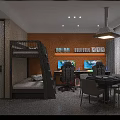 Hotel Room Featuring Large Mural Off Road Vehicle King Bed Desk And Computer Setup 3d model